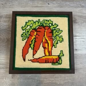 Vintage Framed Needlepoint Carrot Wall Art 11x11 Cottagecore Kitchen Decor
